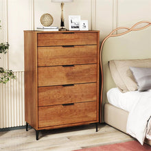 Load image into Gallery viewer, Mid Century Modern 5-Drawer Dresser, Wooden Chest of Drawers with Interlock System, Anti-Tip Kit &amp; Metal Legs for Bedroom, Living Room, Hallway