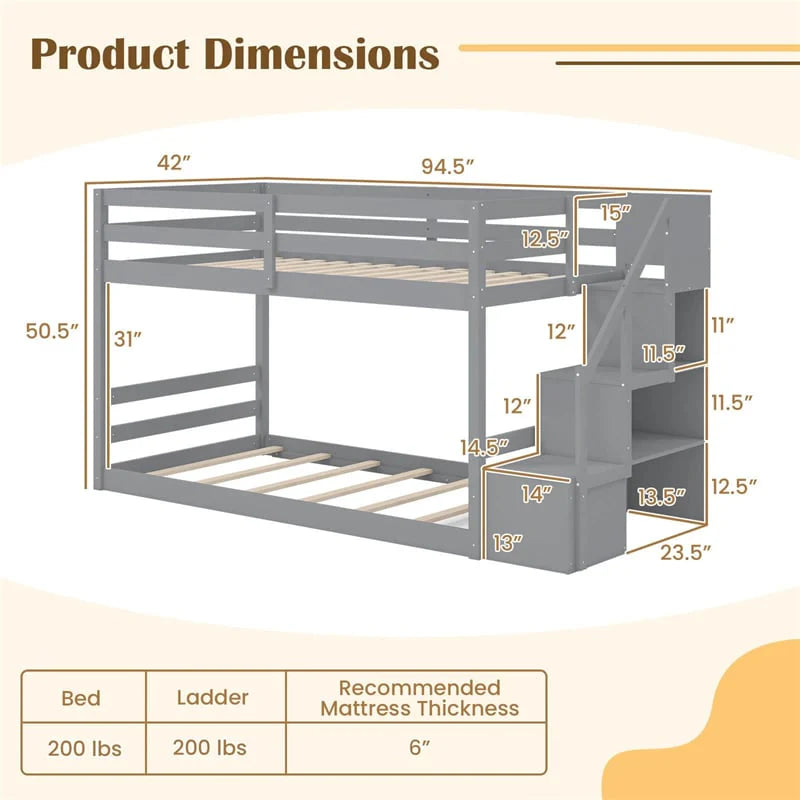 Twin Over Twin Bunk Bed with Storage Stairs, Solid Wood Floor Bunk Bed with Full-Length Guardrails, Low Bunk Bed with for Kids Teens Adults