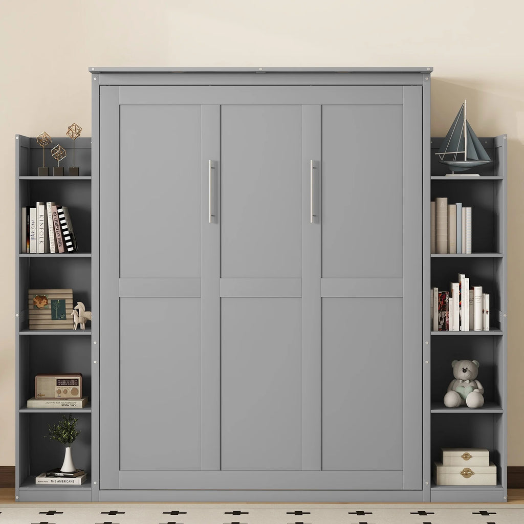 Aukfa Queen Size Murphy Bed with 5 - Tier Storage Shelf & LED Lights, Foldable Wall Bed Cabinet with Mattress Support, Space - Saving Design for Guest Room/Home Office, Gray