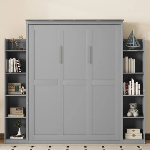 Aukfa Queen Size Murphy Bed with 5 - Tier Storage Shelf & LED Lights, Foldable Wall Bed Cabinet with Mattress Support, Space - Saving Design for Guest Room/Home Office, Gray