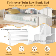 Load image into Gallery viewer, Twin Over Twin Bunk Bed with Storage Stairs, Solid Wood Floor Bunk Bed with Full-Length Guardrails, Low Bunk Bed with for Kids Teens Adults