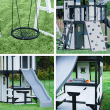 Load image into Gallery viewer, Backyard Discovery Canyon Creek Cedar Wood Swing Set with Wave Slide. Clubhouse. Play Kitchen. Picnic Area. Belt Swings. Web Swing. Rock Wall. Balconies. Playhouse. Step Ladder. Outdoor Playset