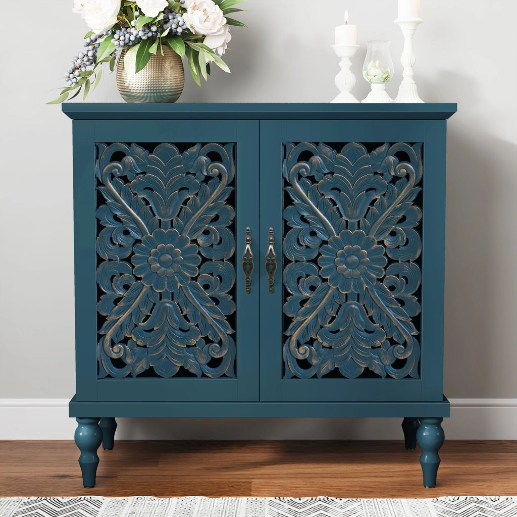 HLR 48" Accent Cabinet with 4 Doors, Vintage Hollow Carving Storage Credenza, Sideboards and Buffets Cabinet for Living Room, Kitchen, Dining Room, Entryway