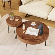 Load image into Gallery viewer, Boho Farmhouse Round Coffee Table Set of 2, Solid Pine Wood Nesting End Table with Metal Legs, Adjustable Foot Pads for Living Room