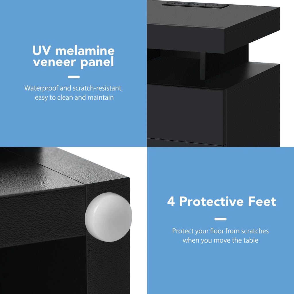 Hommpa LED Nightstand Wireless Charging Station USB Type C Outlets Bedside Table 3 Drawers Black Night Table Modern Smart Nightstand High Gloss End Side Table for Bedroom Furniture 26.8" Tall