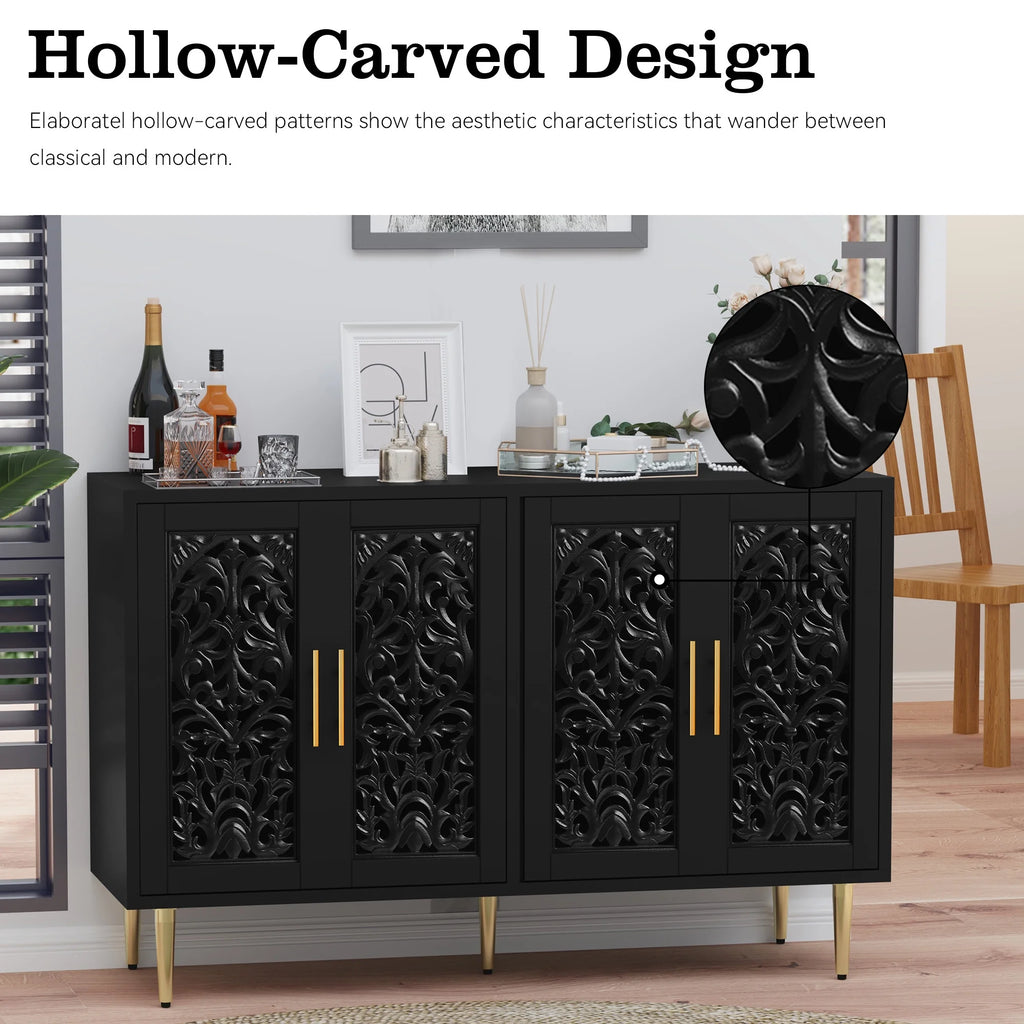 HLR 48" Accent Cabinet with 4 Doors, Vintage Hollow Carving Storage Credenza, Sideboards and Buffets Cabinet for Living Room, Kitchen, Dining Room, Entryway