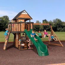 Load image into Gallery viewer, Backyard Discovery Canyon Creek Cedar Wood Swing Set with Wave Slide, Clubhouse, Play Kitchen, Picnic Area, Swings and Rock Wall