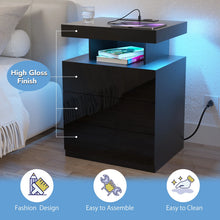 Load image into Gallery viewer, Hommpa LED Nightstand Wireless Charging Station USB Type C Outlets Bedside Table 3 Drawers Black Night Table Modern Smart Nightstand High Gloss End Side Table for Bedroom Furniture 26.8" Tall