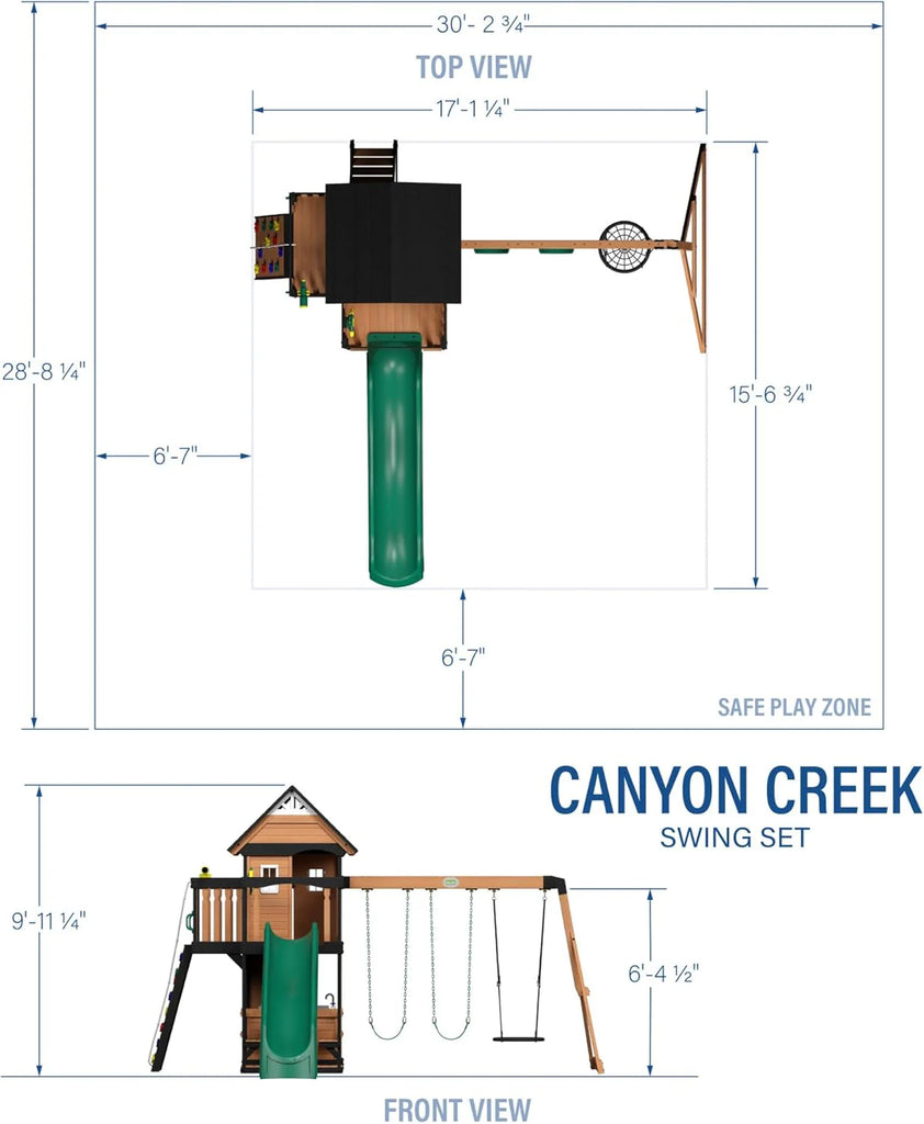 Backyard Discovery Canyon Creek Cedar Wood Swing Set with Wave Slide. Clubhouse. Play Kitchen. Picnic Area. Belt Swings. Web Swing. Rock Wall. Balconies. Playhouse. Step Ladder. Outdoor Playset - Grey Slide