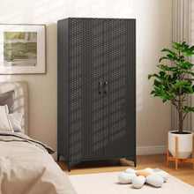 Load image into Gallery viewer, 62" Tall PE Rattan Wicker Wardrobe Closet Storage Cabinet with 2 Doors, Hanging Rod, 4 Storage Cubes, Metal Legs, Anti-tipping Device