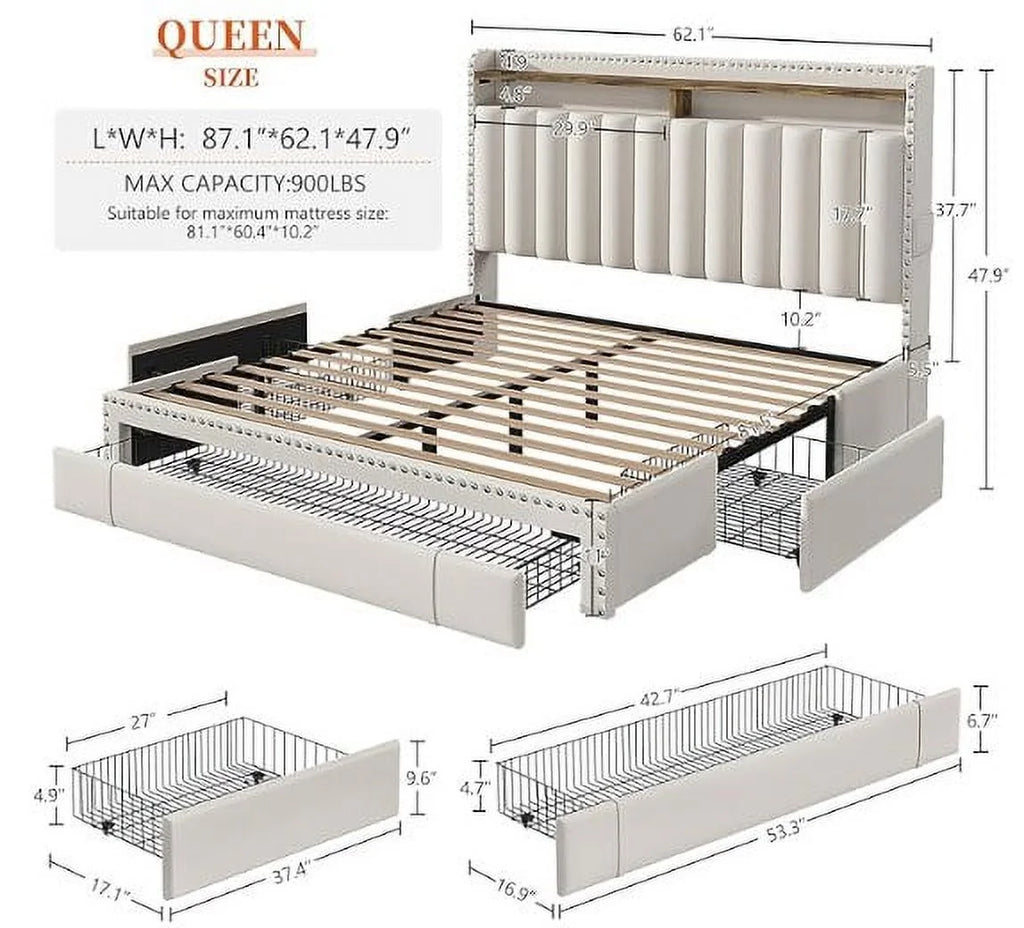 Enhomee Queen Bed Frame with 3 Storage Drawers Upholstered Queen Size Bed Frame with Headboard Noise Free Platform Bed with Metal Frame & Wood Slats Support Beige Bedroom Furniture for Adults Clothes - King / Beige / with Storage Shelf