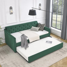 Load image into Gallery viewer, Twin Size Daybed with Trundle, Modern Button Tufted Linen Upholstered Sofa Day Bed Frame with A Roll - Out Trundle, Bedframe Furniture for Bedroom Living Room Guest Room, Green