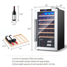 Load image into Gallery viewer, 20 Inch 33 Bottles Wine Cooler Refrigerator Built-In or Freestanding Mini Wine Fridge with 2-Layer Tempered Glass Door &amp; Dual Alarm Function