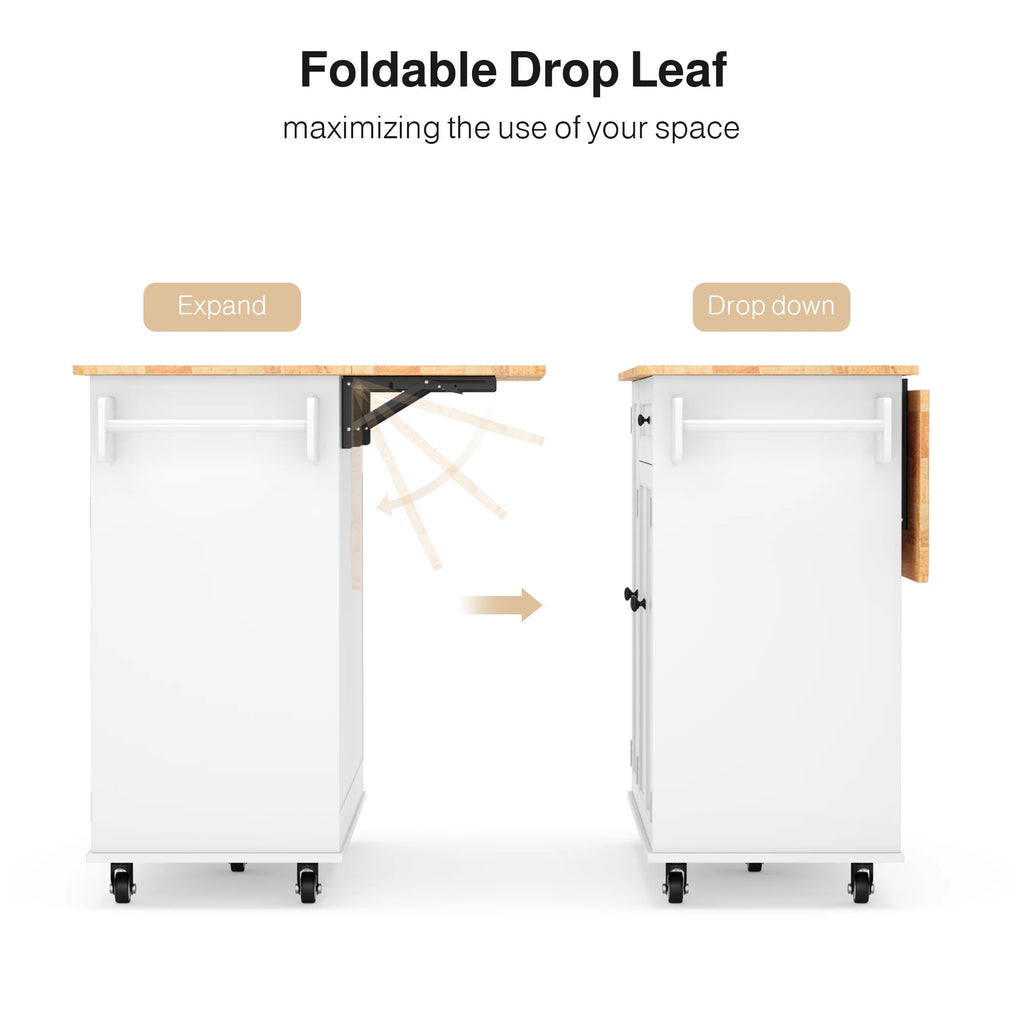 Noelse Kitchen Island with Storage, Island Table for Kitchen with Drop Leaf, Spice Rack, Towel Bar for Small Kitchens, White