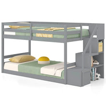 Load image into Gallery viewer, Twin Over Twin Bunk Bed with Storage Stairs, Solid Wood Floor Bunk Bed with Full-Length Guardrails, Low Bunk Bed with for Kids Teens Adults
