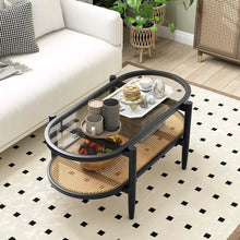 Load image into Gallery viewer, 2-Tier Oval Boho Coffee Table with Tempered Glass Top, Rattan Shelf &amp; Acacia Wood Frame, Mid Century Modern Center Table for Living Room Office