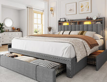 Load image into Gallery viewer, Enhomee Queen Bed Frame with 3 Storage Drawers Upholstered Queen Size Bed Frame with Headboard Noise Free Platform Bed with Metal Frame &amp; Wood Slats Support Beige Bedroom Furniture for Adults Clothes - Queen / Gray / with Storage Shelf