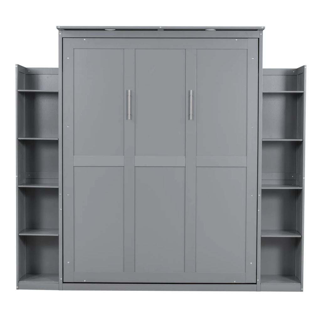 Aukfa Queen Size Murphy Bed with 5 - Tier Storage Shelf & LED Lights, Foldable Wall Bed Cabinet with Mattress Support, Space - Saving Design for Guest Room/Home Office, Gray