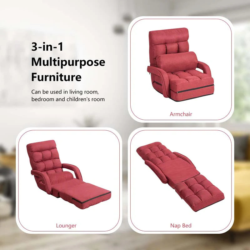 Folding Lazy Sofa Floor Chair with 6-Position Adjustable Backrest, Lumbar Pillow & Armrests, Indoor Chaise Lounge Sofa for Gaming, Living Room