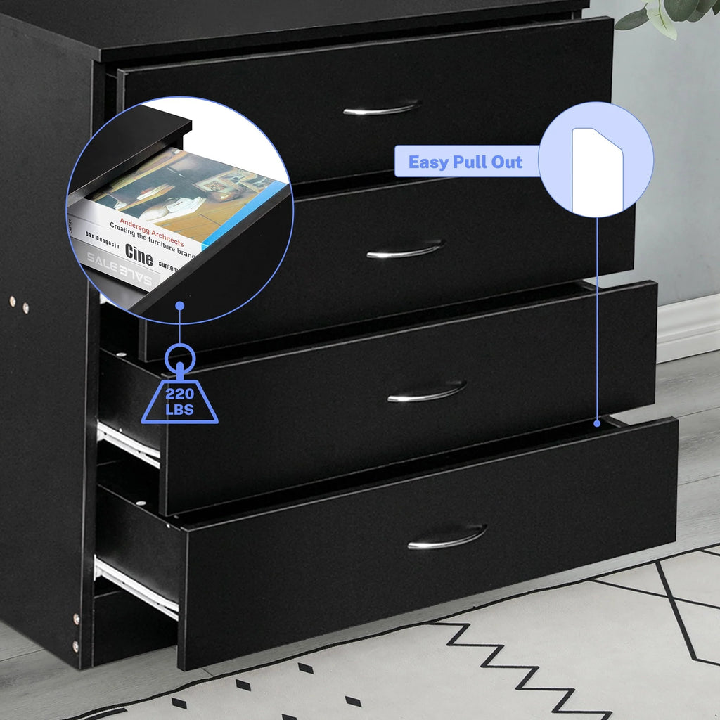 Segmart Black Chest of 4 Drawers, Wood Bedroom Furniture Chest Cabinet with Metal Handles for Kids Room