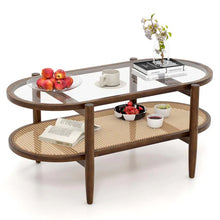 Load image into Gallery viewer, 2-Tier Oval Boho Coffee Table with Tempered Glass Top, Rattan Shelf &amp; Acacia Wood Frame, Mid Century Modern Center Table for Living Room Office - Black