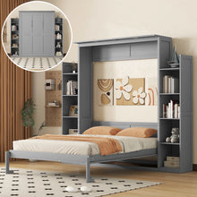 Load image into Gallery viewer, Aukfa Queen Size Murphy Bed with 5 - Tier Storage Shelf &amp; LED Lights, Foldable Wall Bed Cabinet with Mattress Support, Space - Saving Design for Guest Room/Home Office, Gray