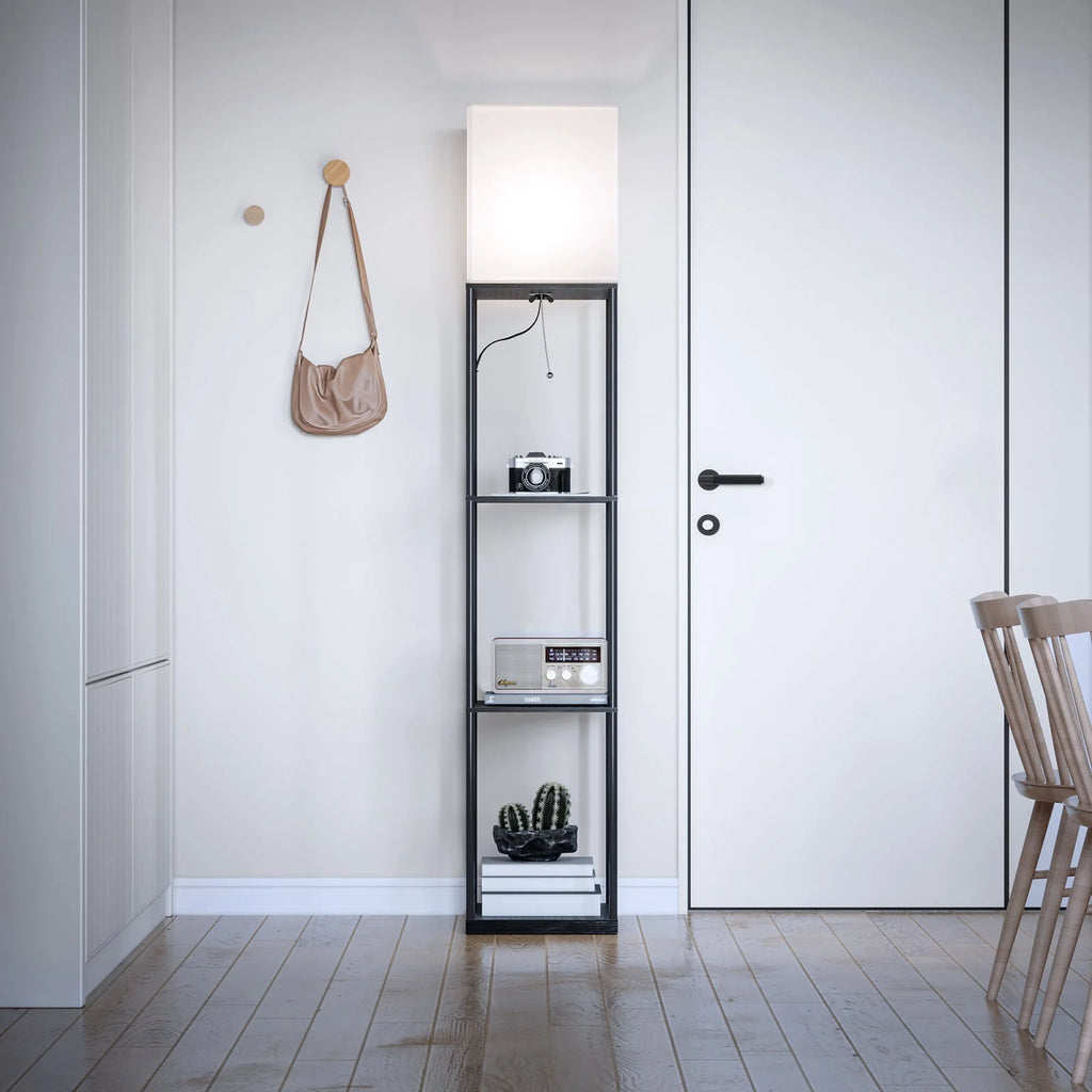 Modern Iron Shelf Floor Lamp with 3 - Way Dimmable LED Bulb, Shelves and White Shade for Living Room and Bedroom(Black)