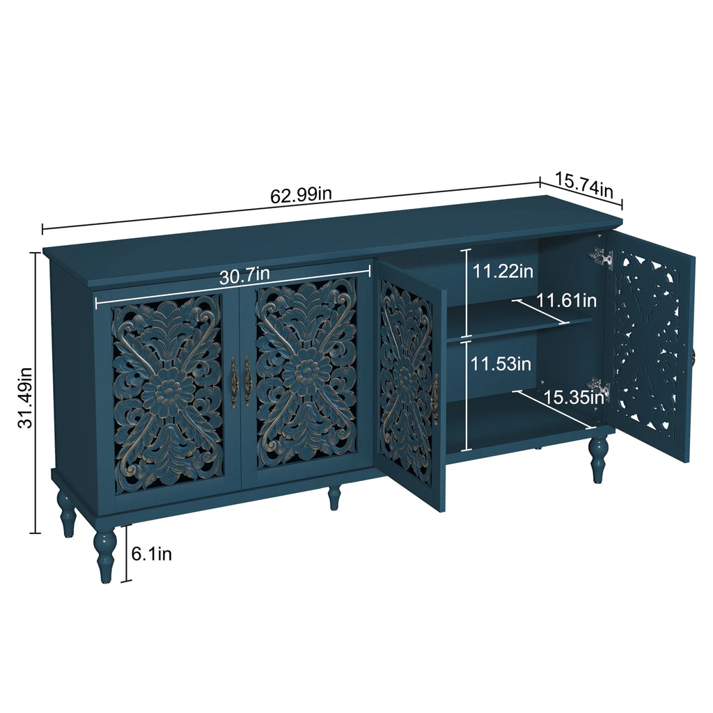 HLR 48" Accent Cabinet with 4 Doors, Vintage Hollow Carving Storage Credenza, Sideboards and Buffets Cabinet for Living Room, Kitchen, Dining Room, Entryway