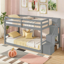Load image into Gallery viewer, Twin Over Twin Bunk Bed with Storage Stairs, Solid Wood Floor Bunk Bed with Full-Length Guardrails, Low Bunk Bed with for Kids Teens Adults