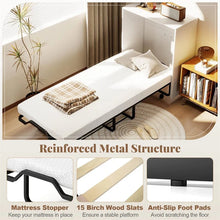 Load image into Gallery viewer, Cot Size Murphy Cabinet Bed with Mattress, 2-in-1 Folding Rollaway Guest Bed into Storage Cabinet with Lockable Wheels for Home Office