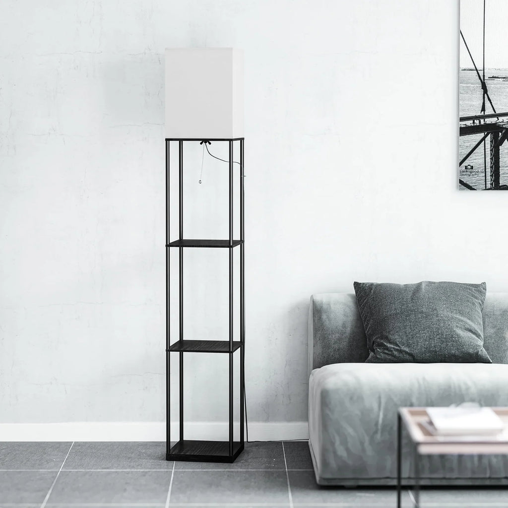 Modern Iron Shelf Floor Lamp with 3 - Way Dimmable LED Bulb, Shelves and White Shade for Living Room and Bedroom(Black)