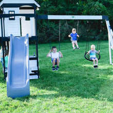 Load image into Gallery viewer, Backyard Discovery Canyon Creek Cedar Wood Swing Set with Wave Slide. Clubhouse. Play Kitchen. Picnic Area. Belt Swings. Web Swing. Rock Wall. Balconies. Playhouse. Step Ladder. Outdoor Playset