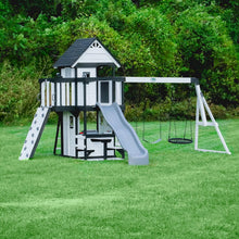 Load image into Gallery viewer, Backyard Discovery Canyon Creek Cedar Wood Swing Set with Wave Slide. Clubhouse. Play Kitchen. Picnic Area. Belt Swings. Web Swing. Rock Wall. Balconies. Playhouse. Step Ladder. Outdoor Playset