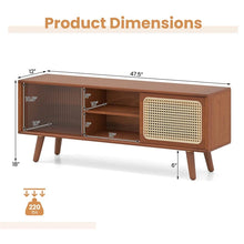 Load image into Gallery viewer, Mid Century Modern TV Stand for TVs up to 55", Bamboo Entertainment Center Media Console with Rattan &amp; Glass Sliding Doors, Adjustable Shelf