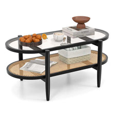 Load image into Gallery viewer, 2-Tier Oval Boho Coffee Table with Tempered Glass Top, Rattan Shelf &amp; Acacia Wood Frame, Mid Century Modern Center Table for Living Room Office