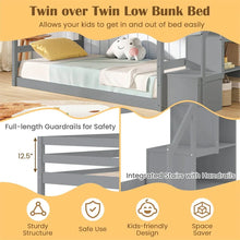 Load image into Gallery viewer, Twin Over Twin Bunk Bed with Storage Stairs, Solid Wood Floor Bunk Bed with Full-Length Guardrails, Low Bunk Bed with for Kids Teens Adults