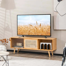 Load image into Gallery viewer, Mid Century Modern TV Stand for TVs up to 55", Bamboo Entertainment Center Media Console with Rattan &amp; Glass Sliding Doors, Adjustable Shelf - Walnut