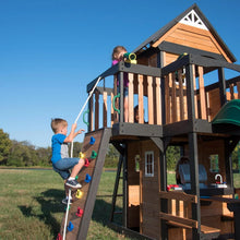 Load image into Gallery viewer, Backyard Discovery Canyon Creek Cedar Wood Swing Set with Wave Slide. Clubhouse. Play Kitchen. Picnic Area. Belt Swings. Web Swing. Rock Wall. Balconies. Playhouse. Step Ladder. Outdoor Playset