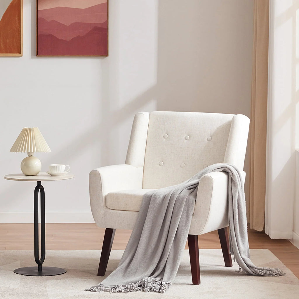 HUIMO Accent Chair, Button - Tufted Upholstered Living Room Chairs, Mid Century Modern Comfy Reading Chairs for Bedroom, Living Room, Beige