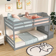 Load image into Gallery viewer, Twin Over Twin Bunk Bed with Storage Stairs, Solid Wood Floor Bunk Bed with Full-Length Guardrails, Low Bunk Bed with for Kids Teens Adults