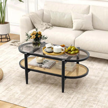 Load image into Gallery viewer, 2-Tier Oval Boho Coffee Table with Tempered Glass Top, Rattan Shelf &amp; Acacia Wood Frame, Mid Century Modern Center Table for Living Room Office