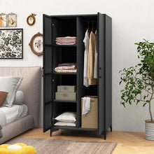 Load image into Gallery viewer, 62" Tall PE Rattan Wicker Wardrobe Closet Storage Cabinet with 2 Doors, Hanging Rod, 4 Storage Cubes, Metal Legs, Anti-tipping Device - Brown