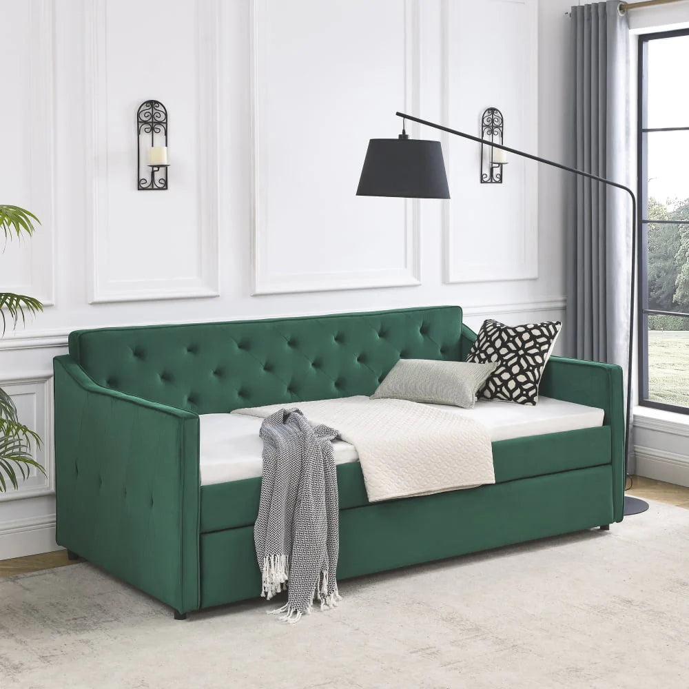 Twin Size Daybed with Trundle, Modern Button Tufted Linen Upholstered Sofa Day Bed Frame with A Roll - Out Trundle, Bedframe Furniture for Bedroom Living Room Guest Room, Green