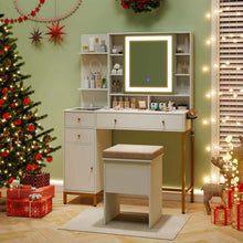 Load image into Gallery viewer, Makeup Vanity Table with 3 Lighting Modes, Mirrored Cabinet Door, Charging Station, Drawers, Shelves, Bedroom Makeup Dressing Table and Stool Set