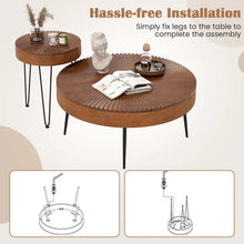 Load image into Gallery viewer, Boho Farmhouse Round Coffee Table Set of 2, Solid Pine Wood Nesting End Table with Metal Legs, Adjustable Foot Pads for Living Room