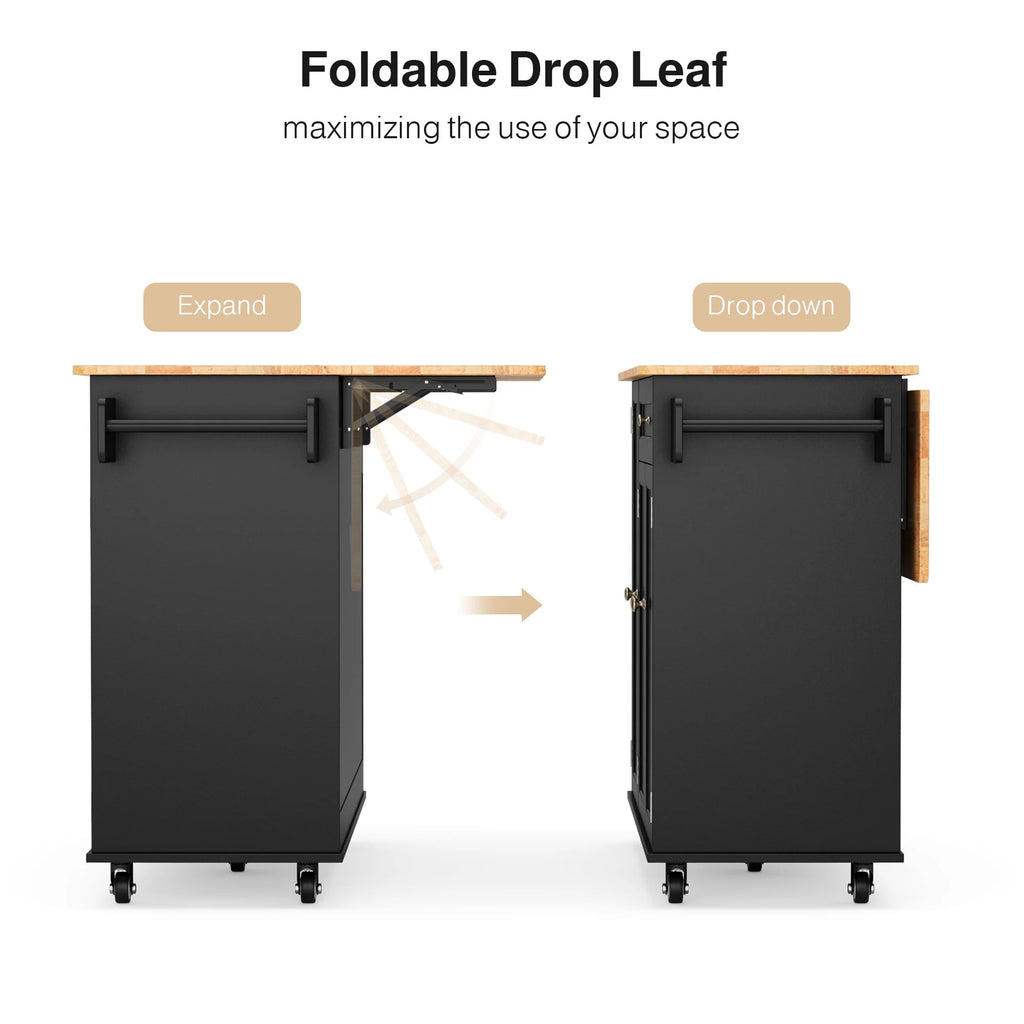Noelse Kitchen Island with Storage, Island Table for Kitchen with Drop Leaf, Spice Rack, Towel Bar for Small Kitchens, White