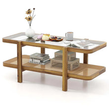 Load image into Gallery viewer, 2-Tier Rattan Coffee Table, 47.5" Solid Wood Rectangle Tea Table with Tempered Glass Top &amp; Storage Shelf, Farmhouse Boho Center Table for Living Room