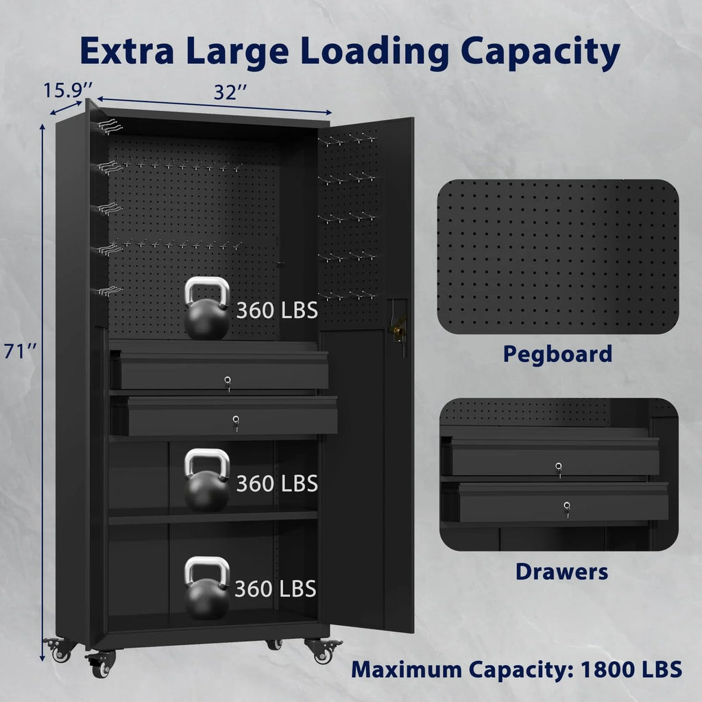 AECOJOY 71" Metal Garage Storage Cabinet with Drawers and Wheel