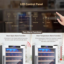 Load image into Gallery viewer, 20 Inch 33 Bottles Wine Cooler Refrigerator Built-In or Freestanding Mini Wine Fridge with 2-Layer Tempered Glass Door &amp; Dual Alarm Function