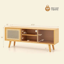 Load image into Gallery viewer, Mid Century Modern TV Stand for TVs up to 55", Bamboo Entertainment Center Media Console with Rattan &amp; Glass Sliding Doors, Adjustable Shelf